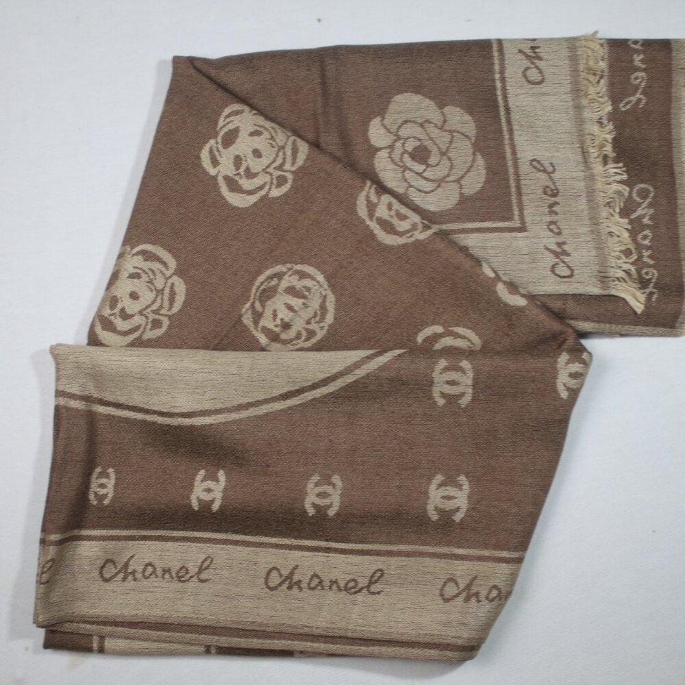 Authentic Chanel Scarf wrap stole 65% Cashmere 35% Silk Brown Used - Picture 6 of 10